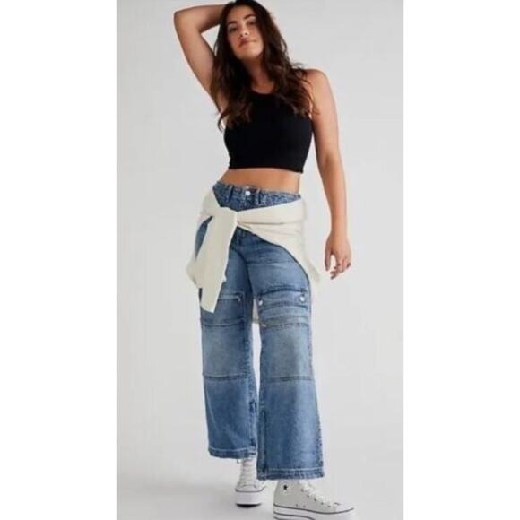 Free People Cargo Jeans 'Under Construction' •27• 90s Utility Wide Leg Slouchy - Picture 1 of 12
